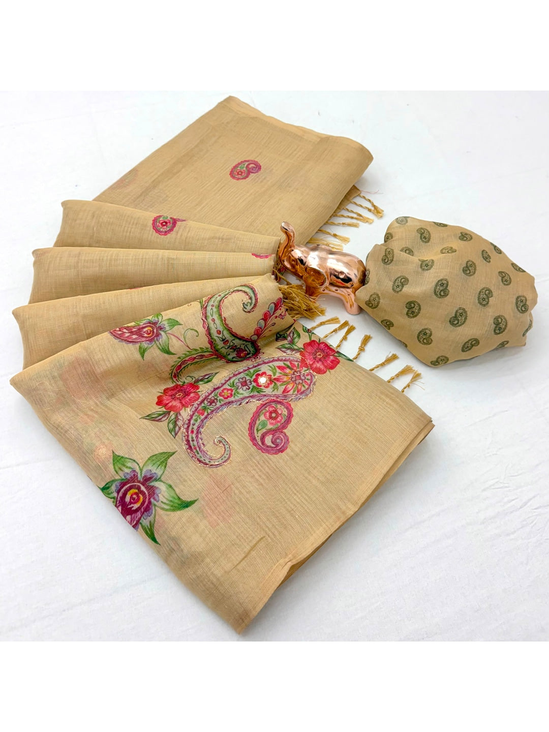 Peachmode Beige Tissue Silk Floral Embroidered Saree B - Image 2