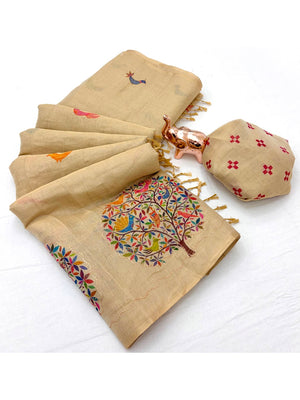 Peachmode Beige Tissue Silk Floral Embroidered Saree C - Image 2