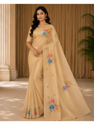 Peachmode Beige Tissue Silk Floral Embroidered Saree D - Image 1