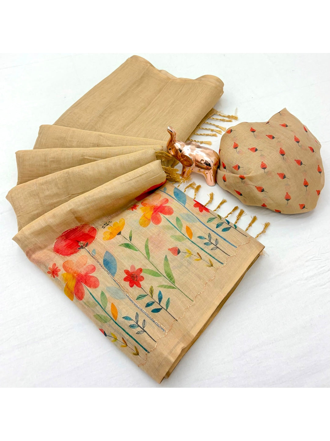 Peachmode Beige Tissue Silk Floral Embroidered Saree F - Image 3