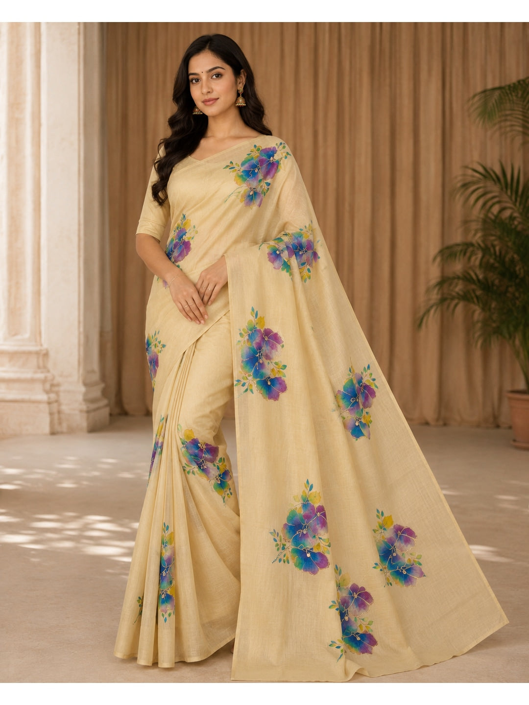 Peachmode Beige Tissue Silk Floral Embroidered Saree G - Image 1