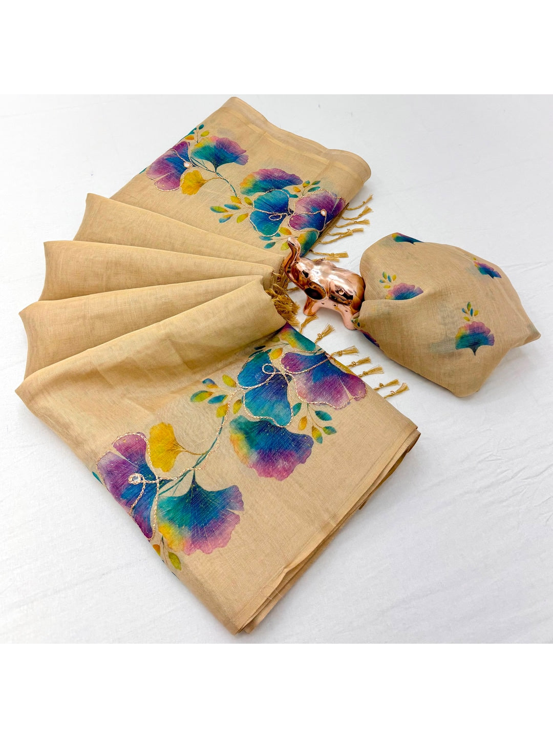 Peachmode Beige Tissue Silk Floral Embroidered Saree G - Image 3