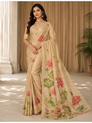 Peachmode Beige Tissue Silk Floral Embroidered Saree I - Image 1