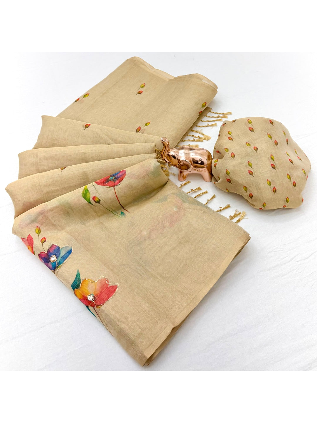 Peachmode Beige Tissue Silk Floral Embroidered Saree J - Image 3