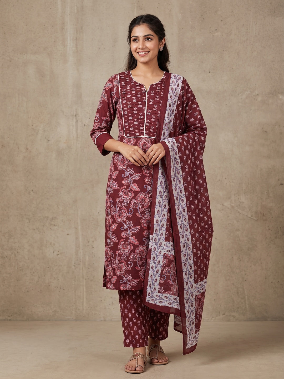 Maroon Pure Cotton Printed Salwar Suit Set - Image 1
