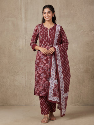 Maroon Pure Cotton Printed Salwar Suit Set - Image 1