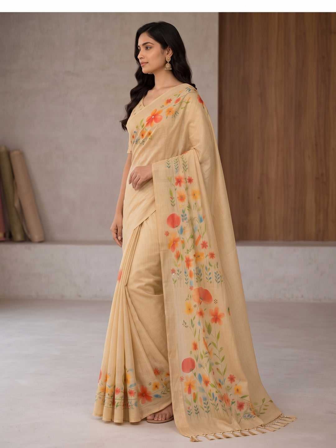 Peachmode Beige Tissue Silk Floral Embroidered Saree F - Image 5
