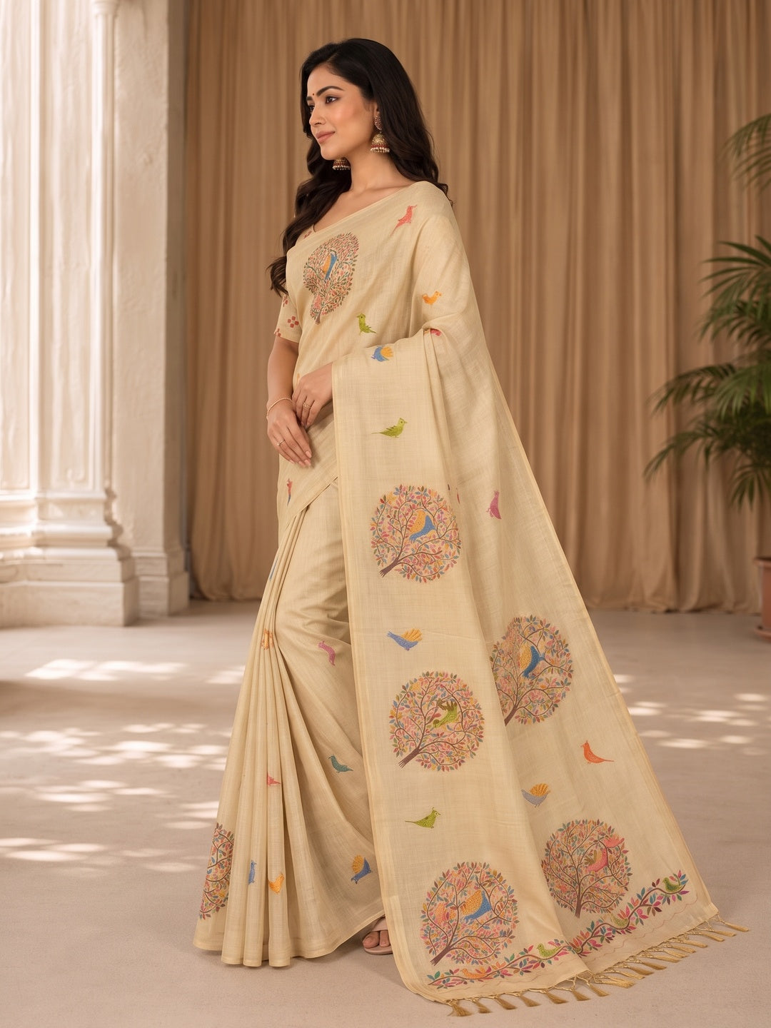 Peachmode Beige Tissue Silk Floral Embroidered Saree C - Image 5