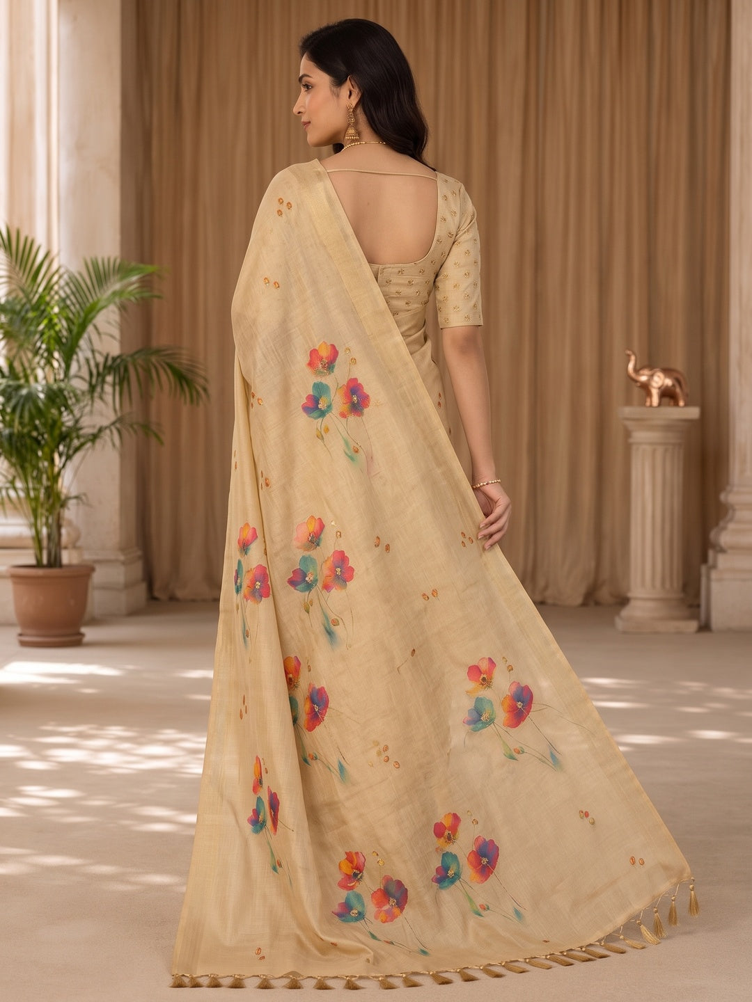 Peachmode Beige Tissue Silk Floral Embroidered Saree J - Image 4