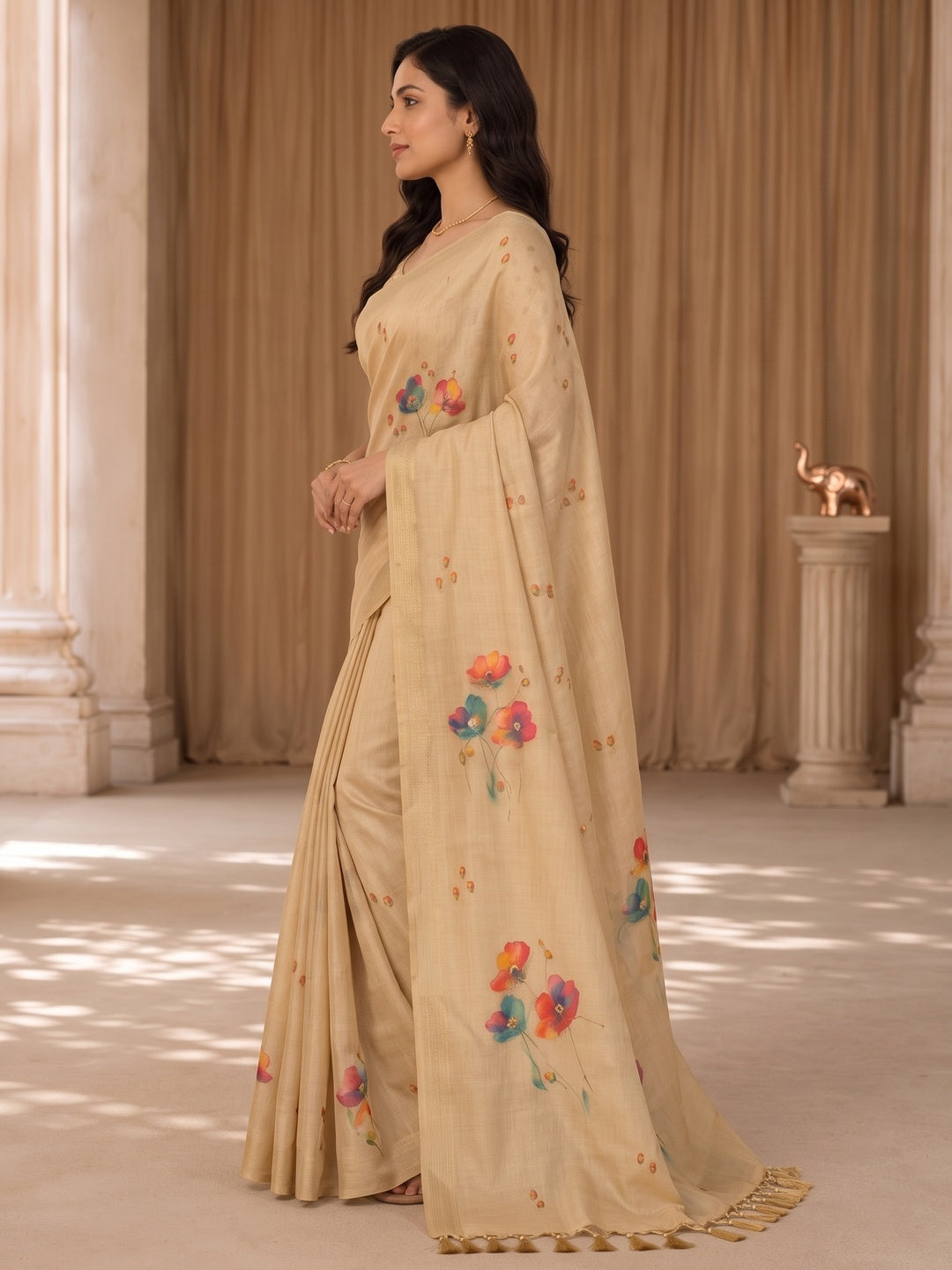 Peachmode Beige Tissue Silk Floral Embroidered Saree J - Image 5