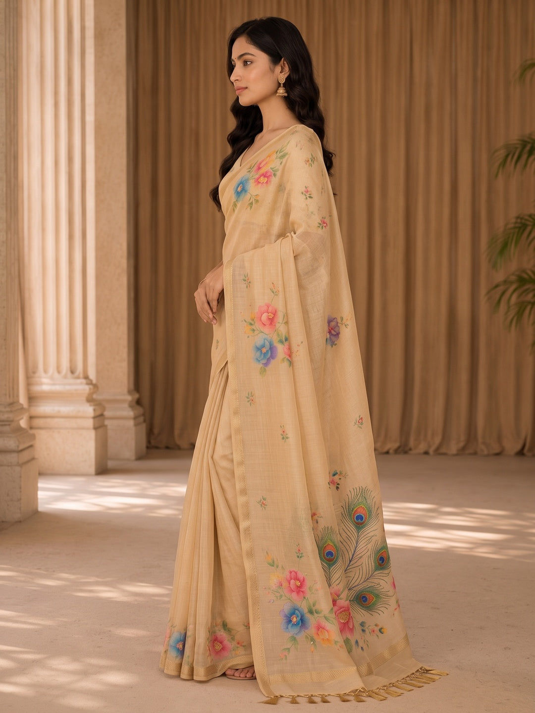 Peachmode Beige Tissue Silk Floral Embroidered Saree D - Image 5