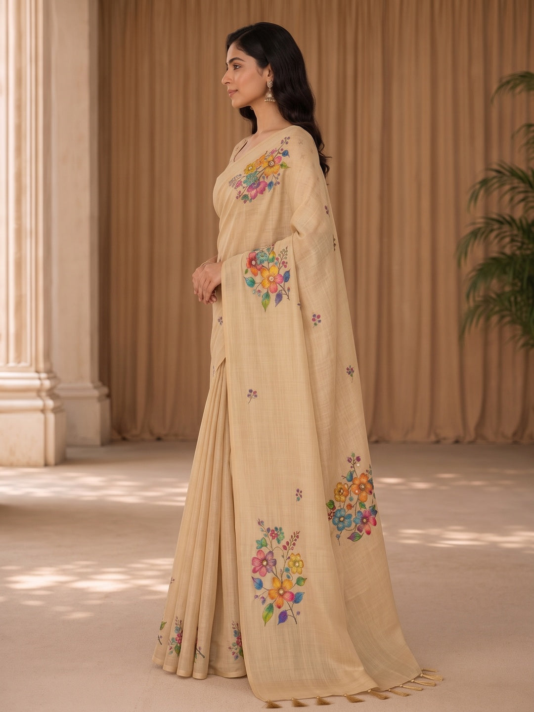 Peachmode Beige Tissue Silk Floral Embroidered Saree H - Image 5