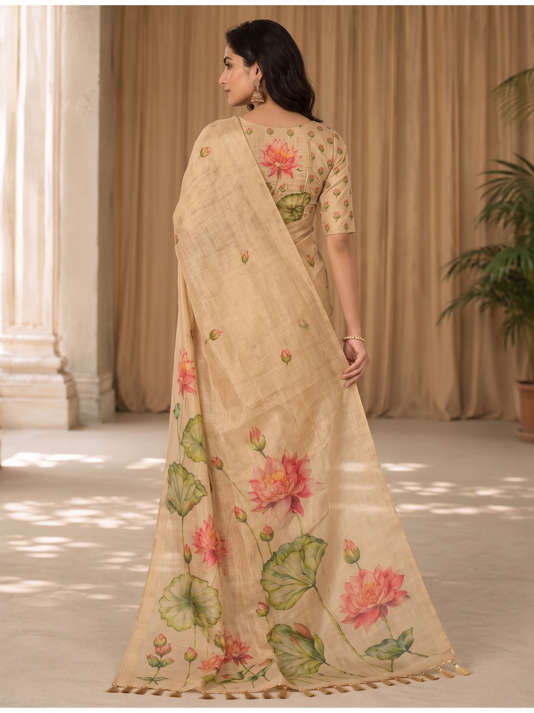 Peachmode Beige Tissue Silk Floral Embroidered Saree I - Image 4