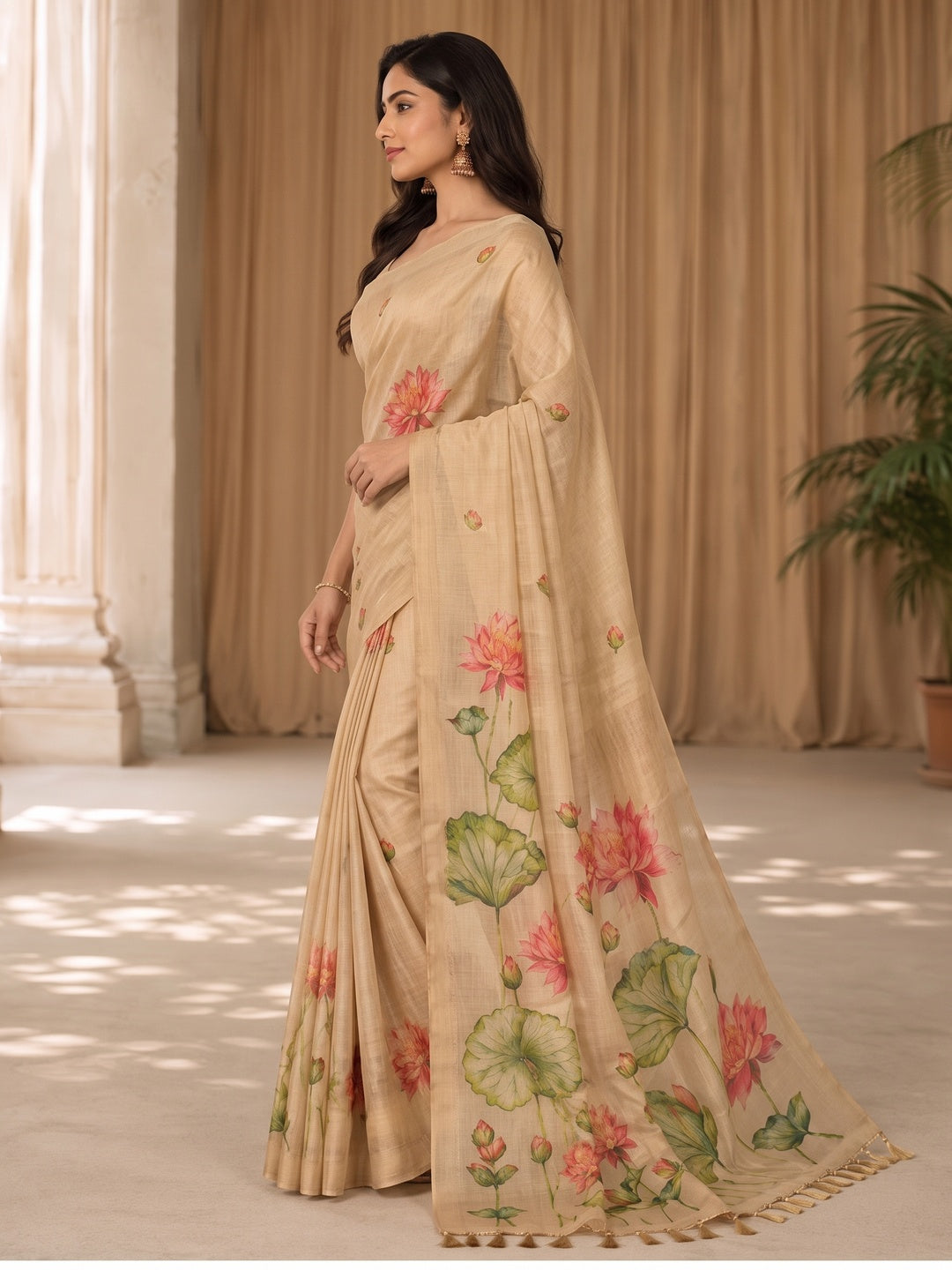 Peachmode Beige Tissue Silk Floral Embroidered Saree I - Image 5