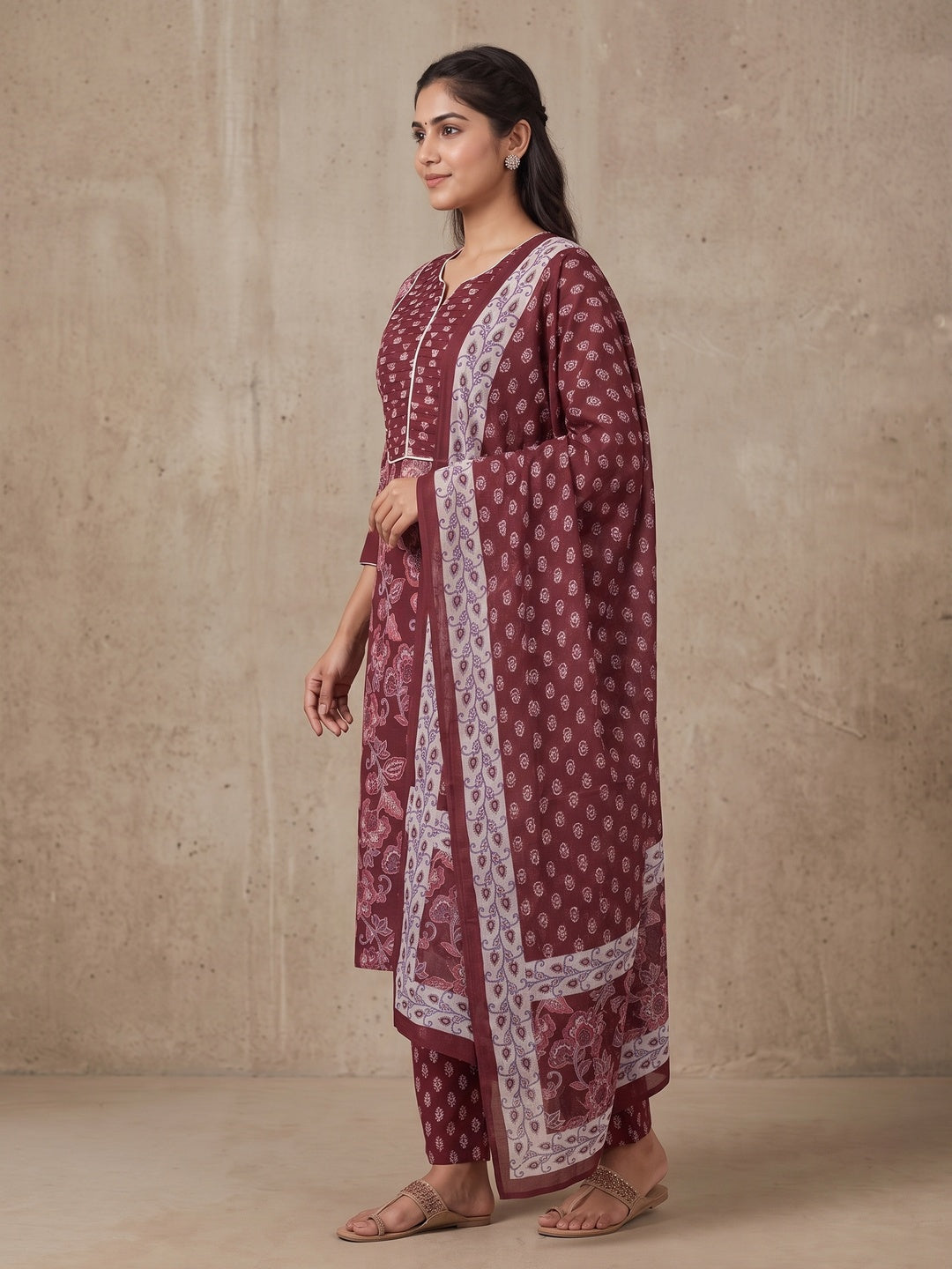 Maroon Pure Cotton Printed Salwar Suit Set - Image 2