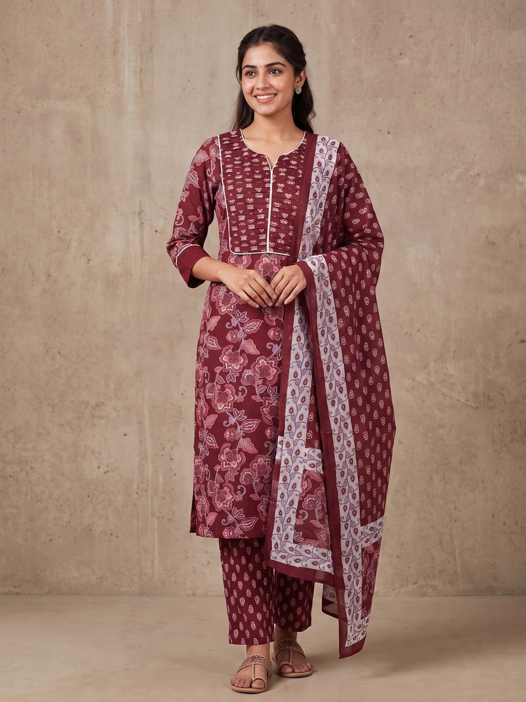 Maroon Pure Cotton Printed Salwar Suit Set - Image 3