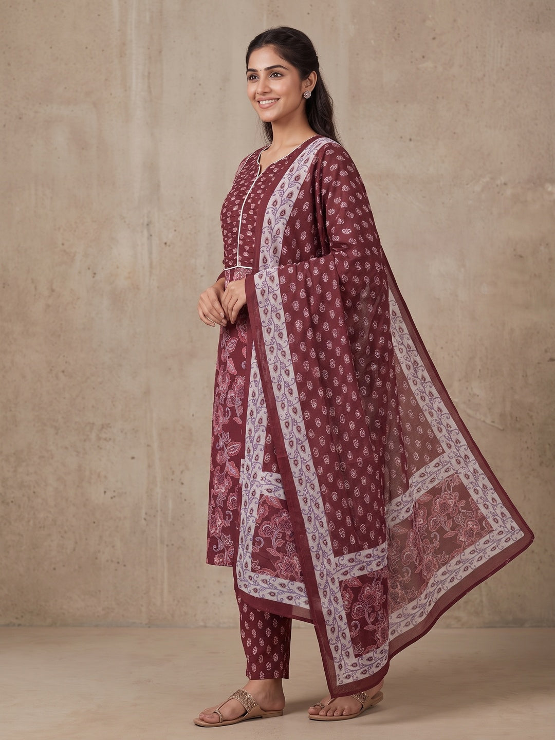 Maroon Pure Cotton Printed Salwar Suit Set - Image 4