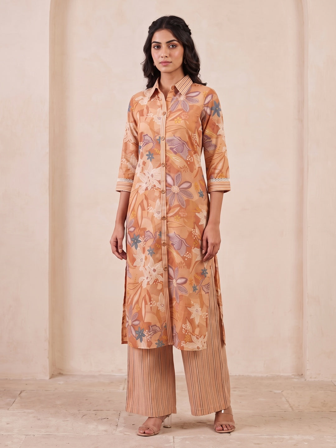Peach Pure Cotton Floral Printed Top Bottom Set - Image 3