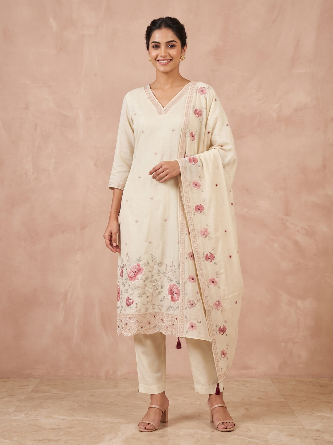 Off White Viscose Blend Embroidered Salwar Suit Set - Image 1