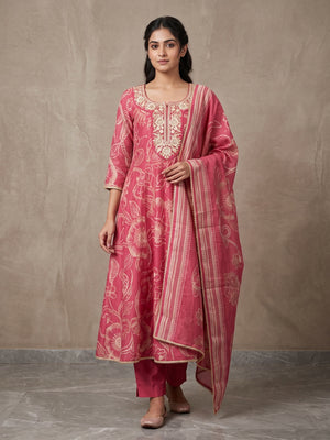 Pink Chanderi Silk Embroidered Salwar Suit Set - Image 1