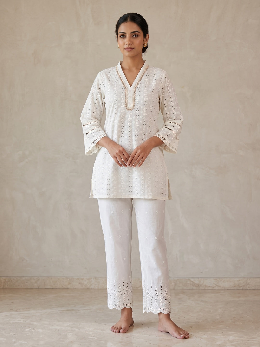 White Pure Cotton Schiffli Top Bottom Set - Image 1
