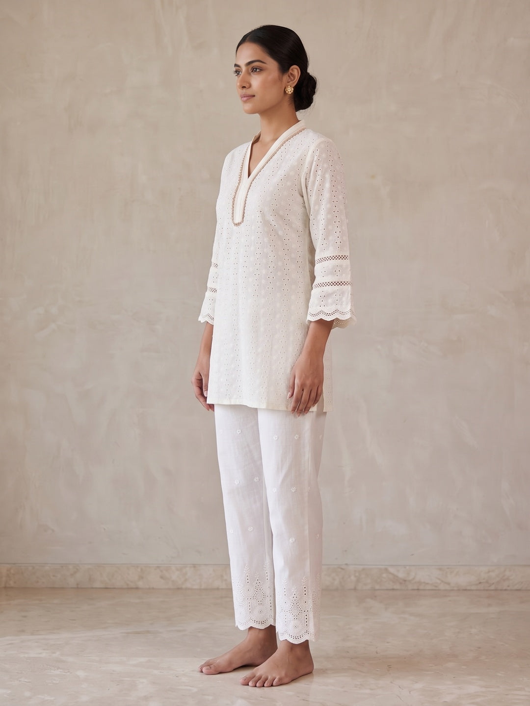 White Pure Cotton Schiffli Top Bottom Set - Image 2