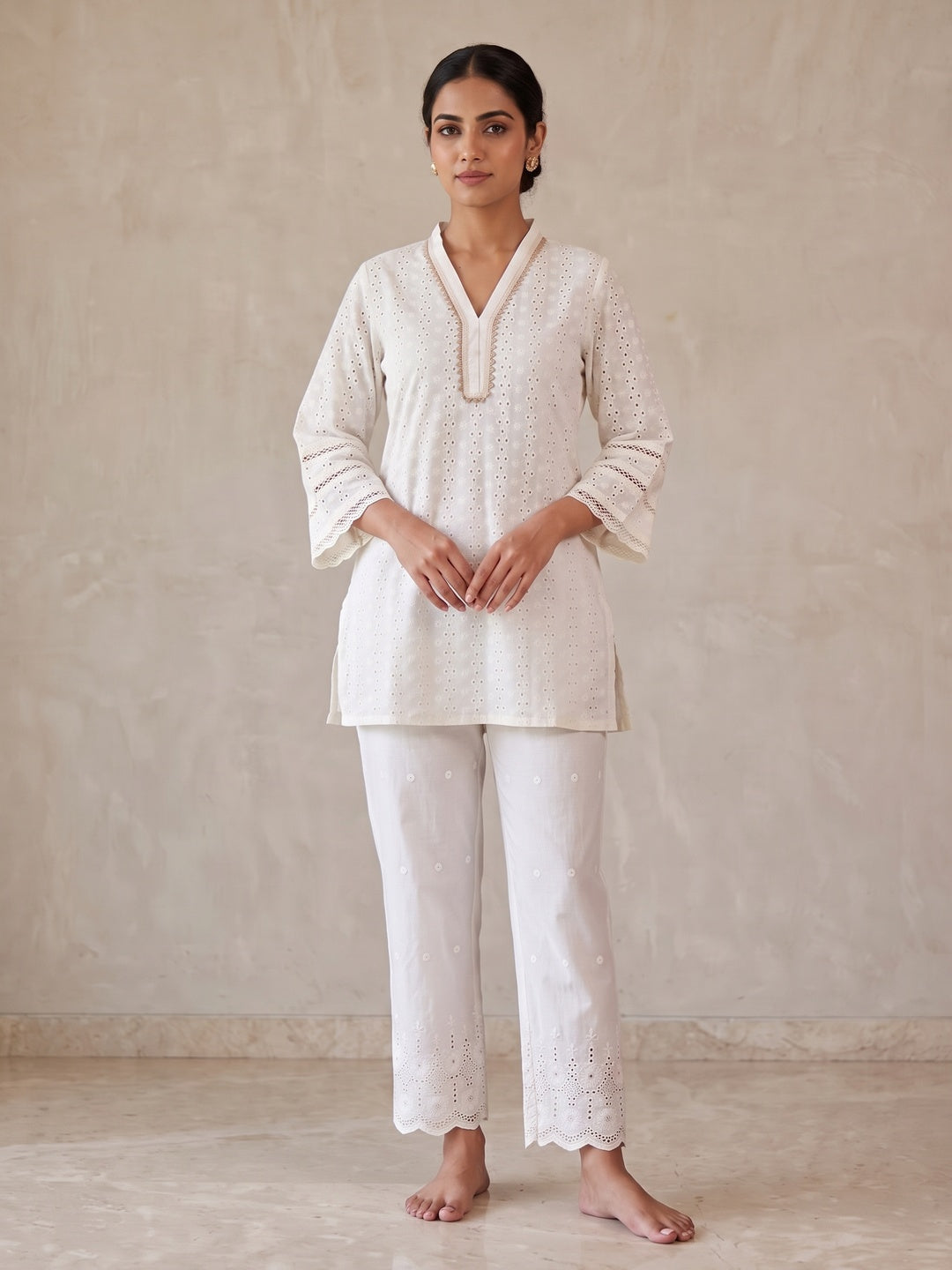 White Pure Cotton Schiffli Top Bottom Set - Image 3