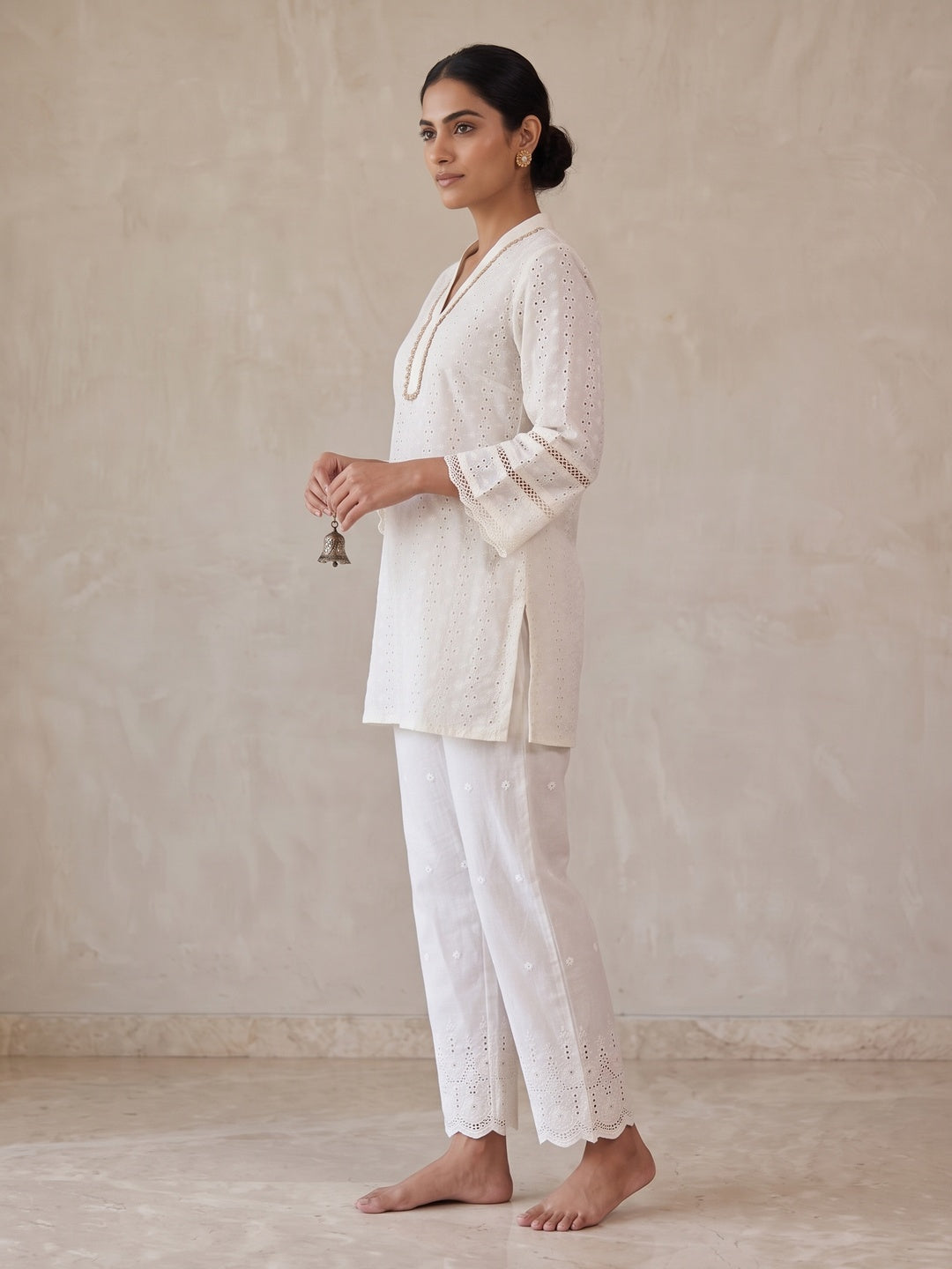White Pure Cotton Schiffli Top Bottom Set - Image 4