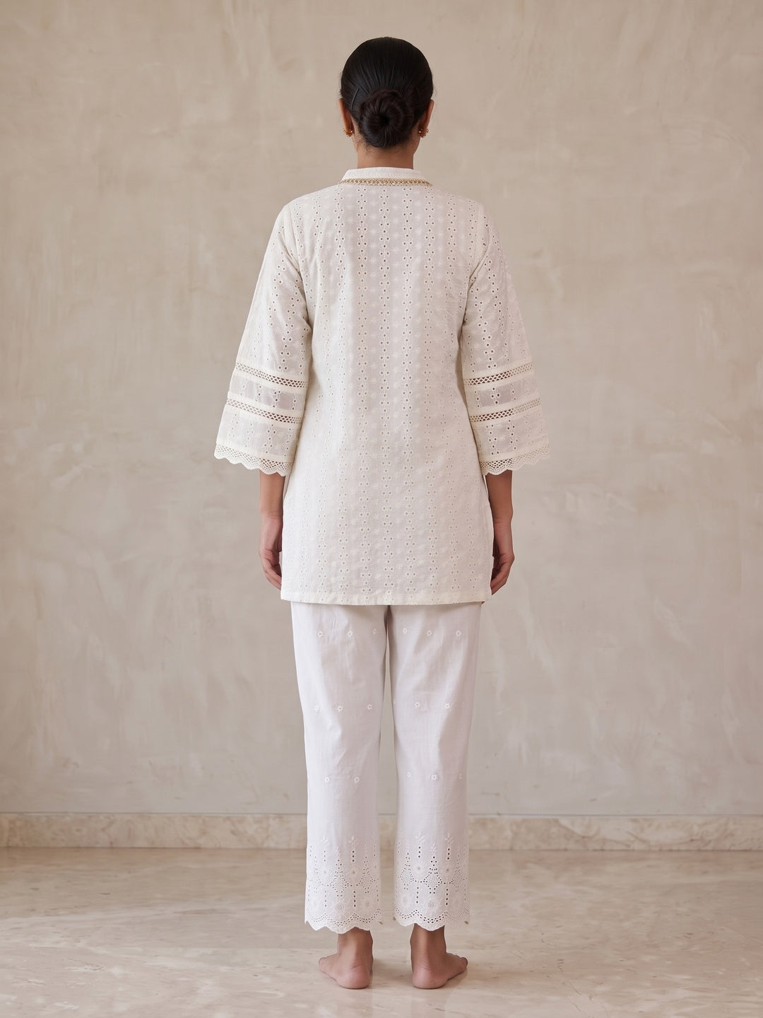 White Pure Cotton Schiffli Top Bottom Set - Image 5