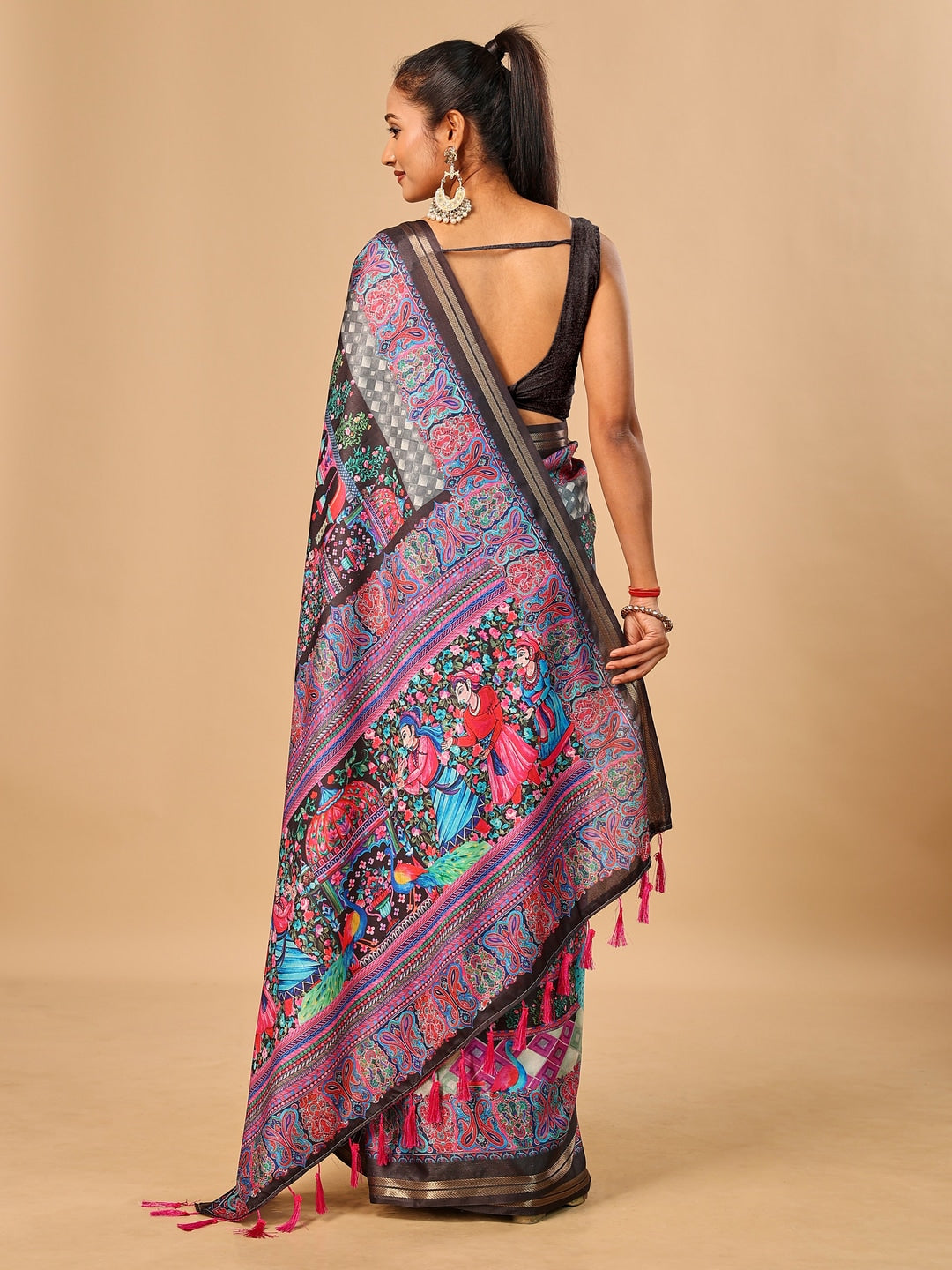 Peachmode Black Pashmina Print Soft Tussar Silk Saree - Image 3