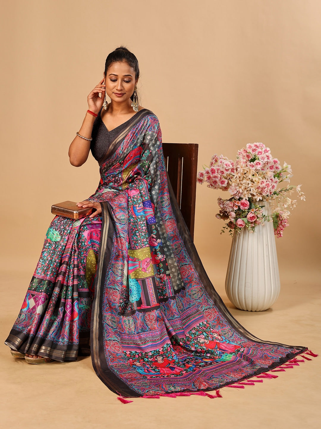 Peachmode Black Pashmina Print Soft Tussar Silk Saree - Image 4