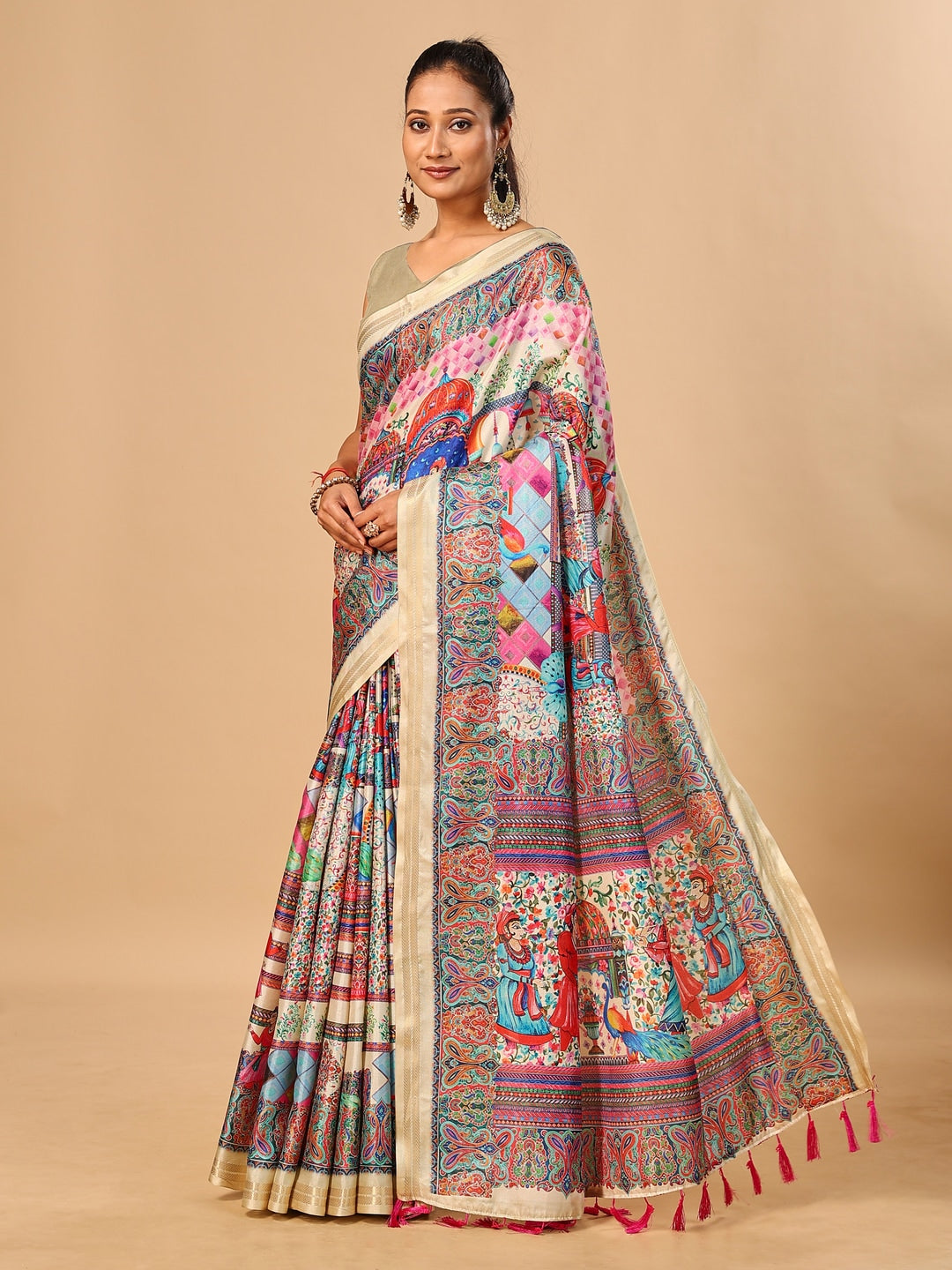 Peachmode Cream Pashmina Print Soft Tussar Silk Saree - Image 2