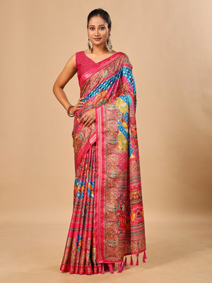 Peachmode Pink Pashmina Print Soft Tussar Silk Saree - Image 1