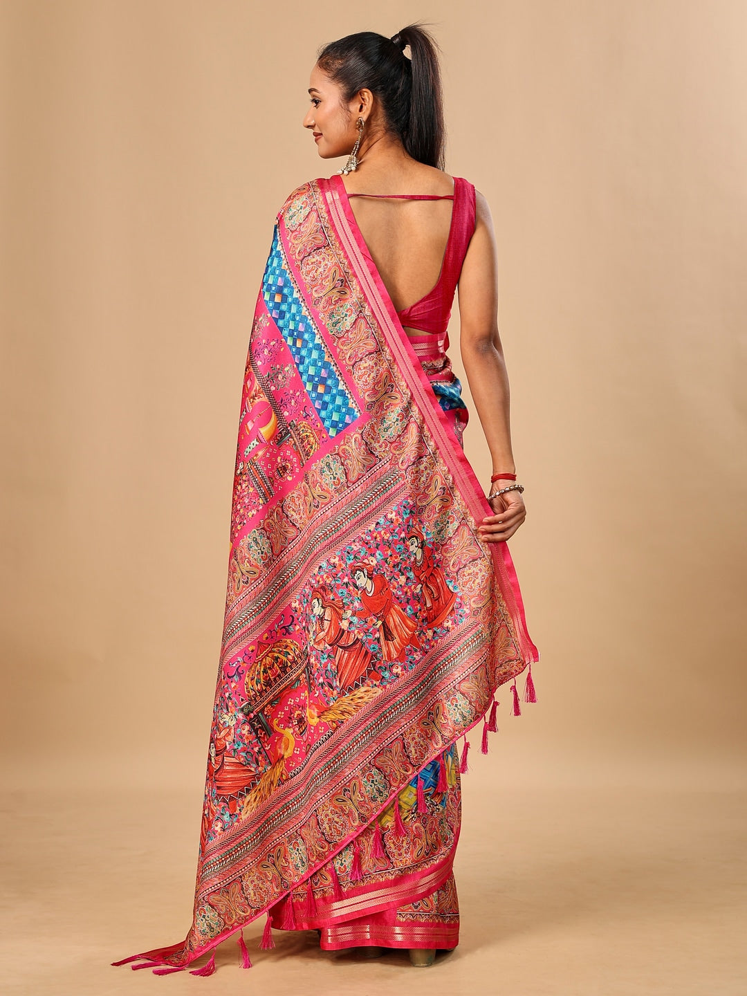 Peachmode Pink Pashmina Print Soft Tussar Silk Saree - Image 3