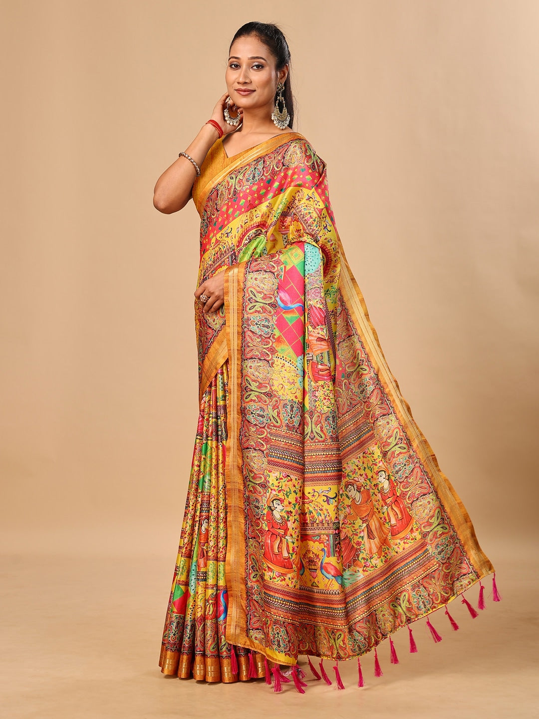 Peachmode Yellow Pashmina Print Soft Tussar Silk Saree - Image 2