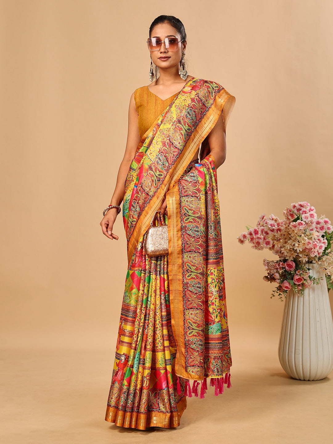 Peachmode Yellow Pashmina Print Soft Tussar Silk Saree - Image 4