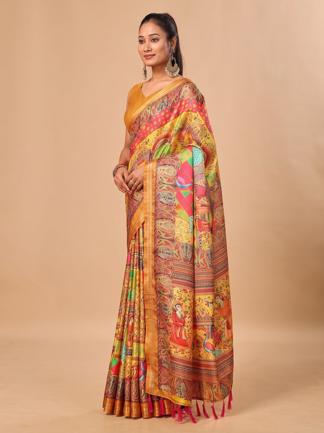 Peachmode Yellow Pashmina Print Soft Tussar Silk Saree - Image 5