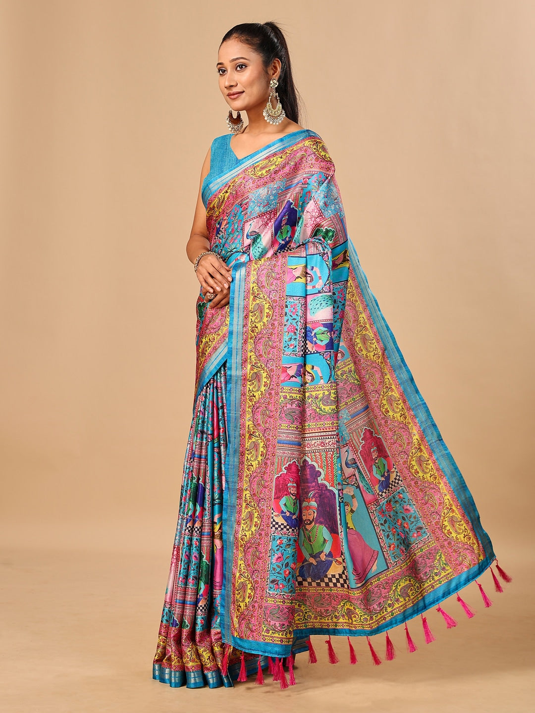 Peachmode Blue Pashmina Print Soft Tussar Silk Saree - Image 2
