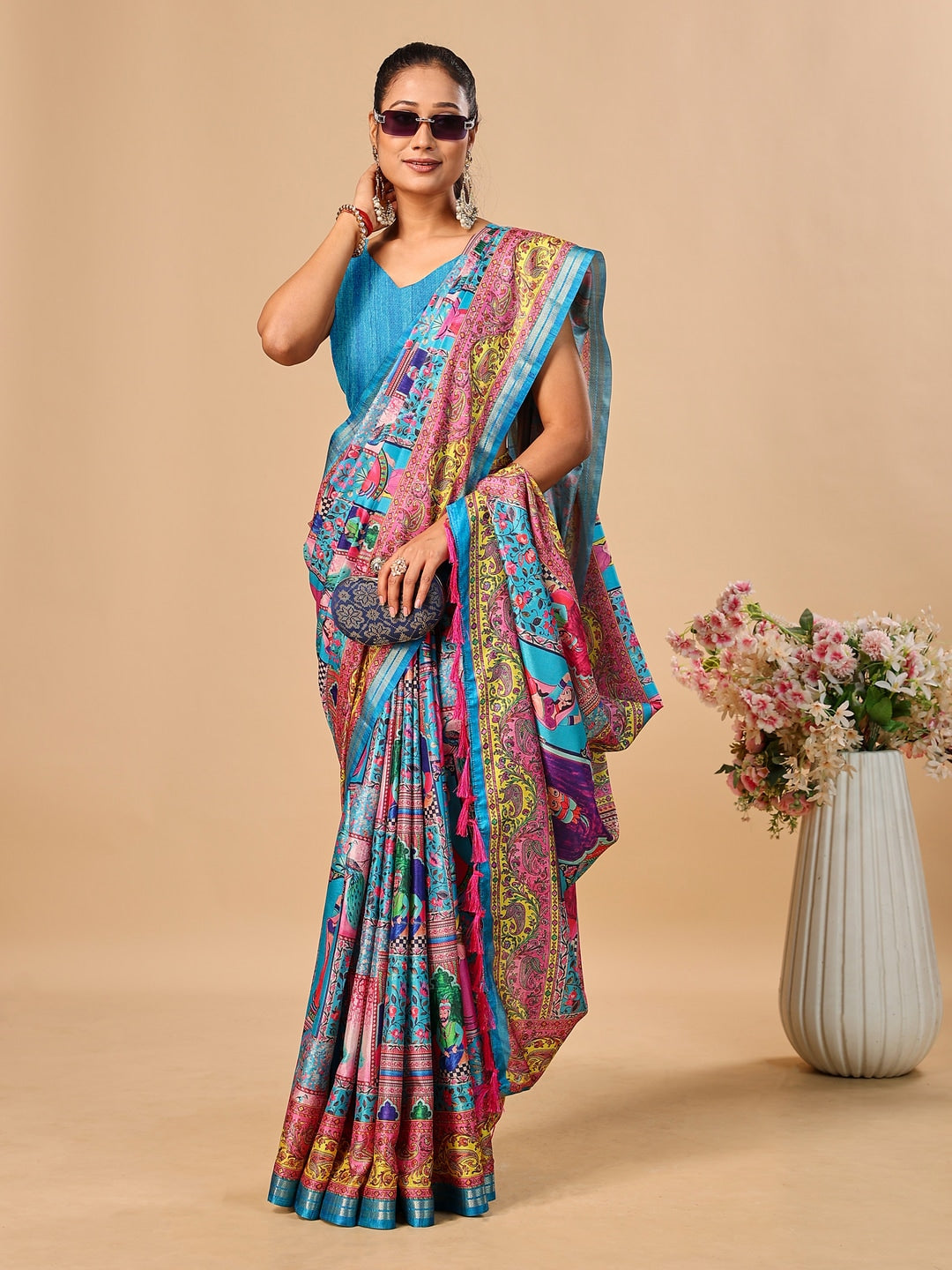Peachmode Blue Pashmina Print Soft Tussar Silk Saree - Image 4