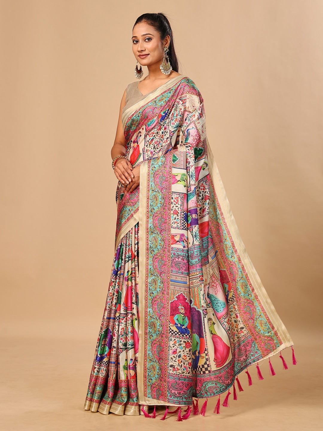 Peachmode Cream Pashmina Print Soft Tussar Silk Saree - Image 2