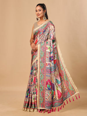 Peachmode Cream Pashmina Print Soft Tussar Silk Saree - Image 2