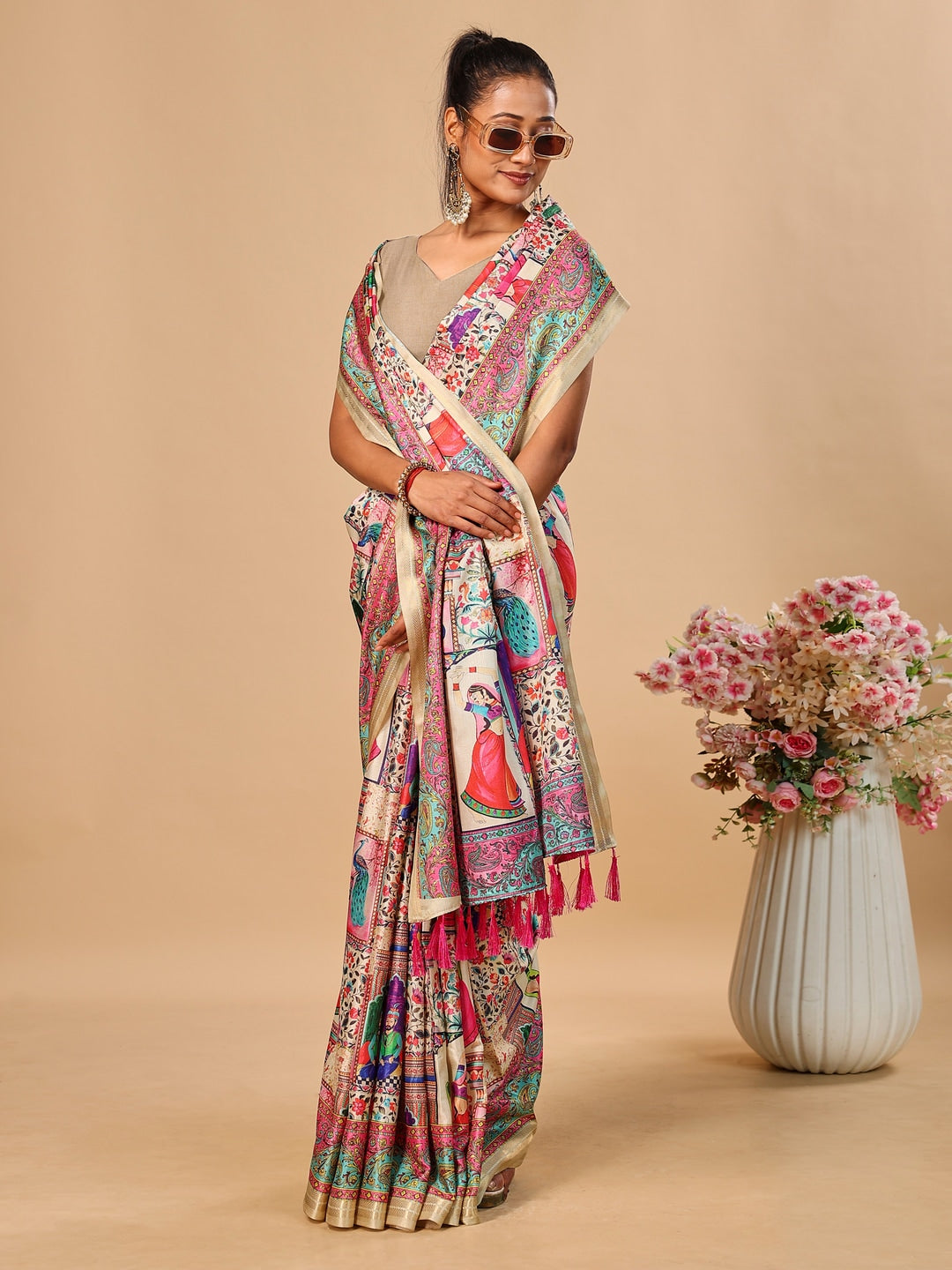 Peachmode Cream Pashmina Print Soft Tussar Silk Saree - Image 4