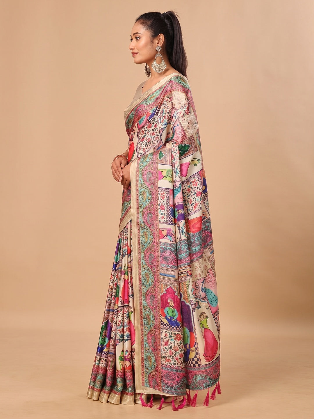 Peachmode Cream Pashmina Print Soft Tussar Silk Saree - Image 5