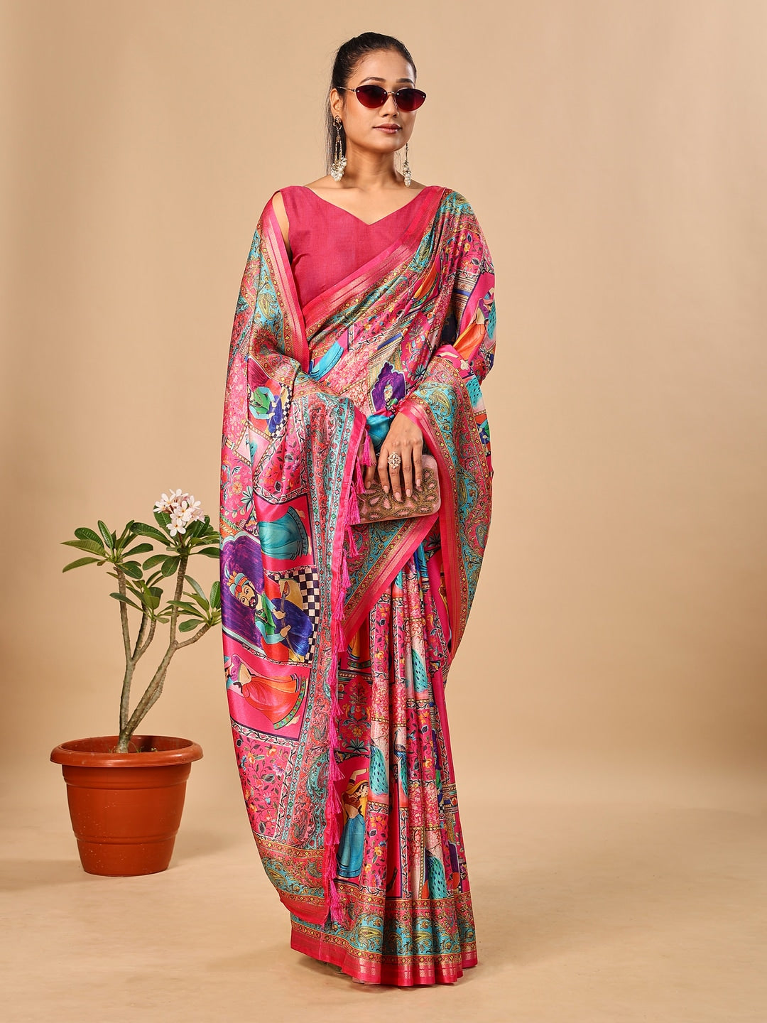 Peachmode Pink Pashmina Print Soft Tussar Silk Saree - Image 4