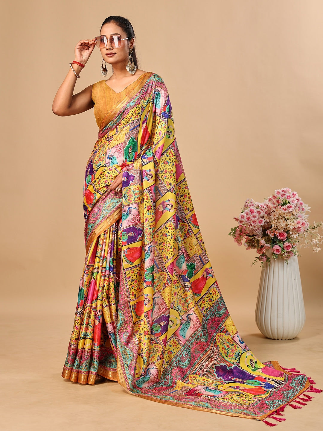 Peachmode Yellow Pashmina Print Soft Tussar Silk Saree - Image 4