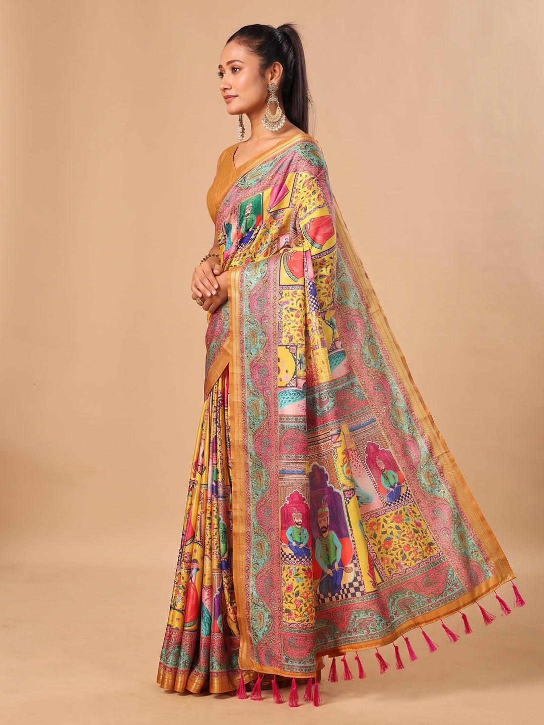 Peachmode Yellow Pashmina Print Soft Tussar Silk Saree - Image 5