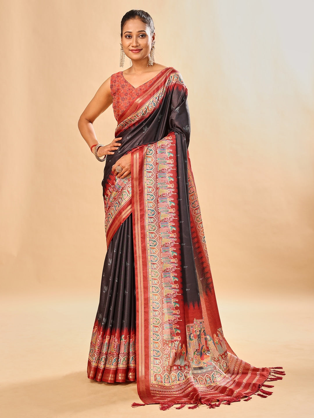 Peachmode Black Pashmina Print Soft Tussar Silk Saree - Image 1