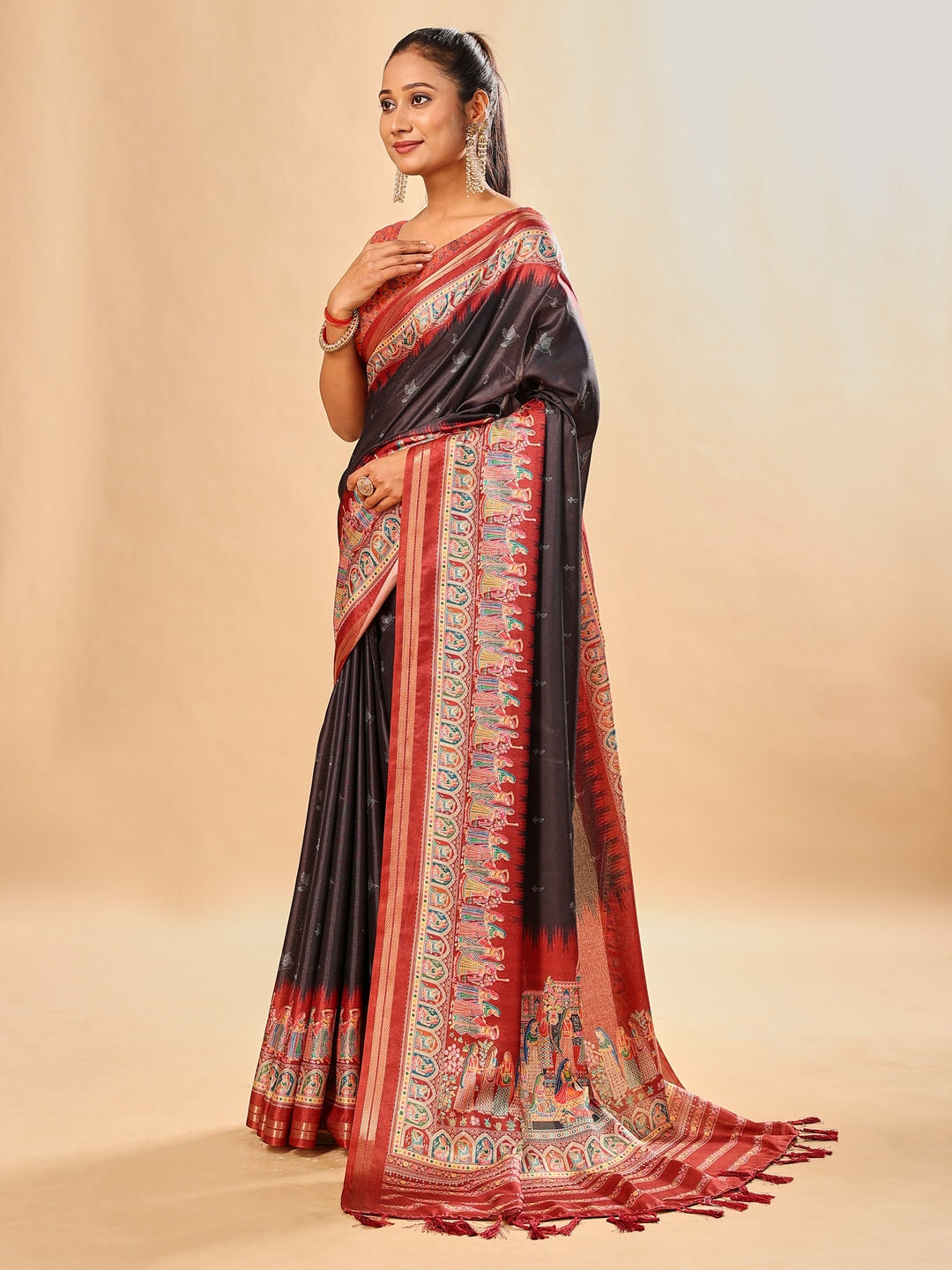 Peachmode Black Pashmina Print Soft Tussar Silk Saree - Image 2
