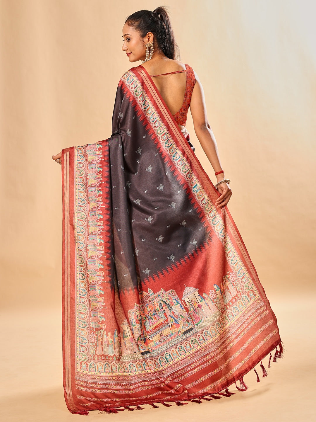Peachmode Black Pashmina Print Soft Tussar Silk Saree - Image 3