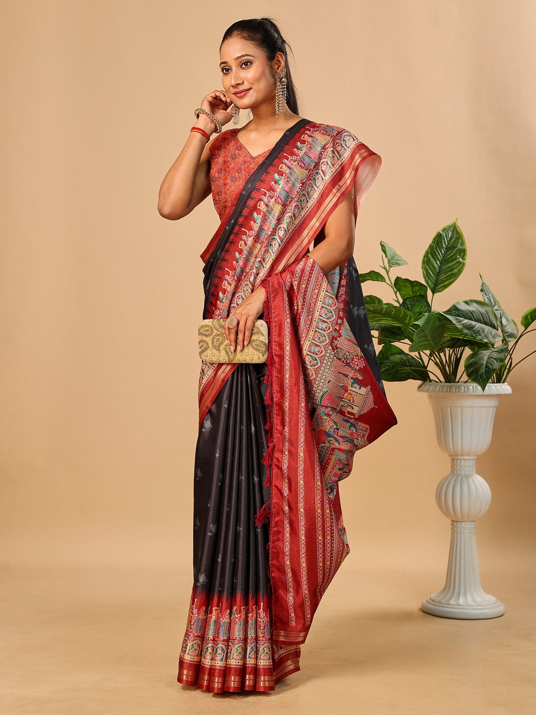 Peachmode Black Pashmina Print Soft Tussar Silk Saree - Image 4